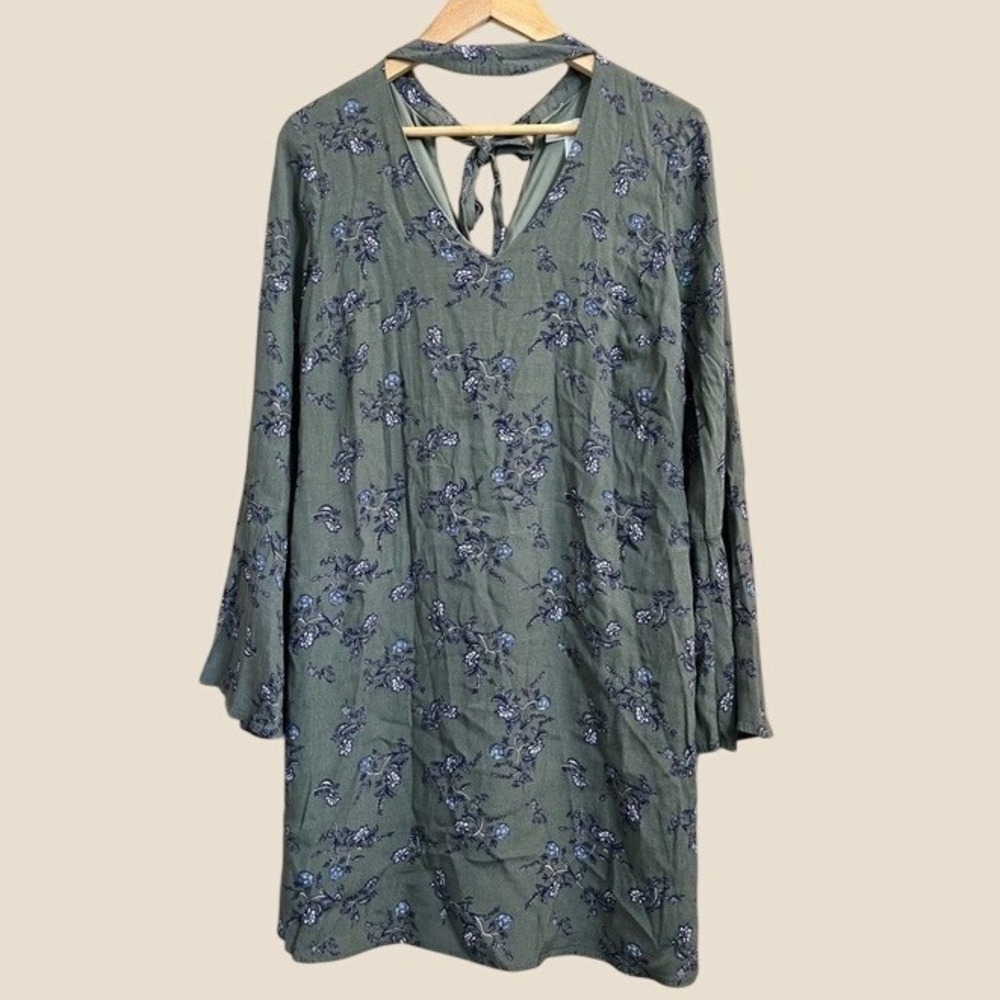 Motherhood Maternity Dress Women Medium Green Floral Bell Sleeve Boho Choker Tie